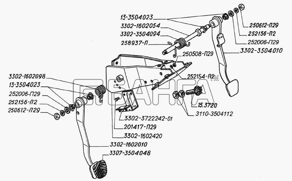 ГАЗ ГАЗ-2705 (дв. ЗМЗ-406) Схема Педали сцепления и тормоза